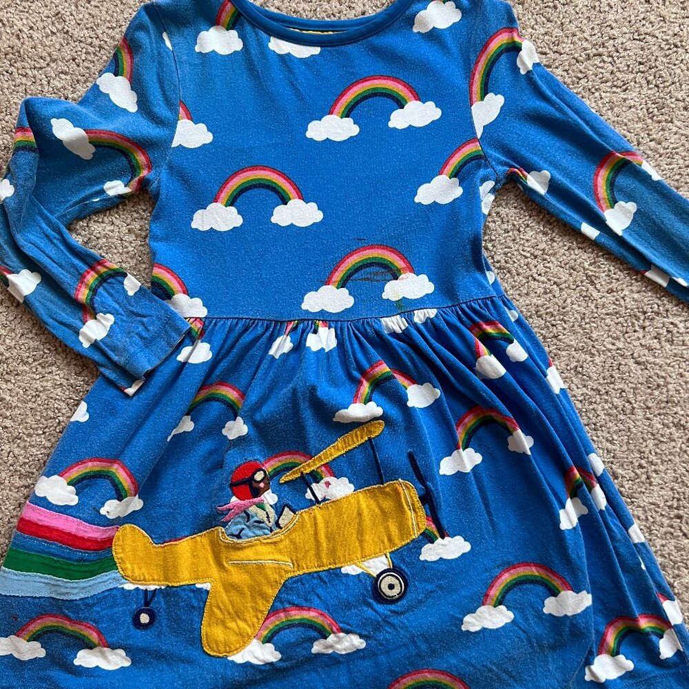 Mini Boden Rainbow Airplane Appliqué Dress (Size 6-7Y)